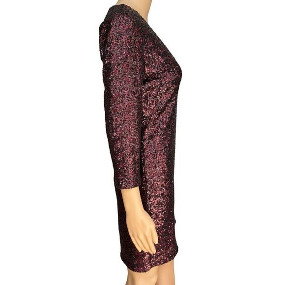 Express Burgundy Sequin Dress Size 6 Womens Bodycon Fitted V-neck Back zip - Picture 2 of 10